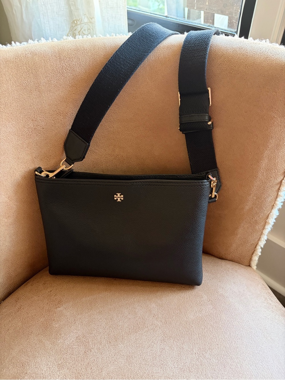 Tory Burch Black Pebbled Leather Crossbody with Wide Navy Strap